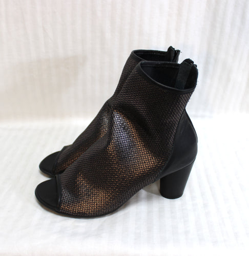 Arche - Peep Toe Metallic Soft Weave Sheath Ankle Heeled Bootie - Size 38 (US 7.5)