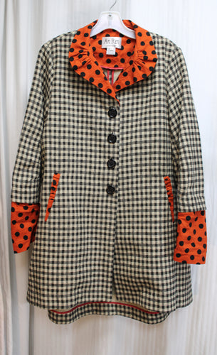 An Ren, New York - Natural & Black Check w/ Orange & Black Polka Dot Contrast Collar & Cuff Lightweight Coat - Size L