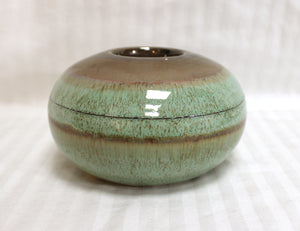 Glazed Ceramic Tea Light / Votive Candle Holder - Green & Brown 6" w