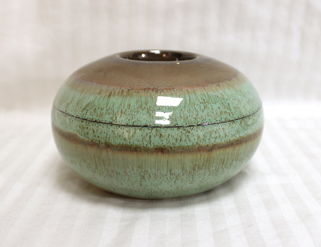 Glazed Ceramic Tea Light / Votive Candle Holder - Green & Brown 6