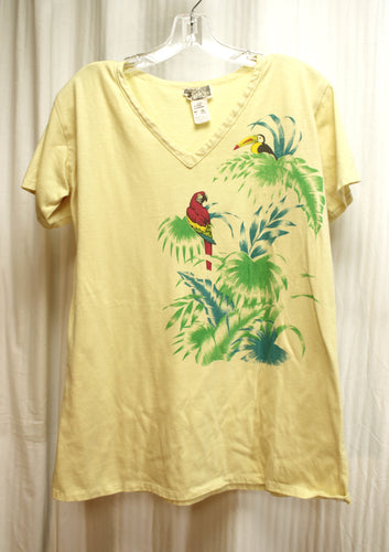 Chix - Women's Cut V-Neck Single Stitch Tropical Parrot & Toucan Yellow T-Shirt  - Size S