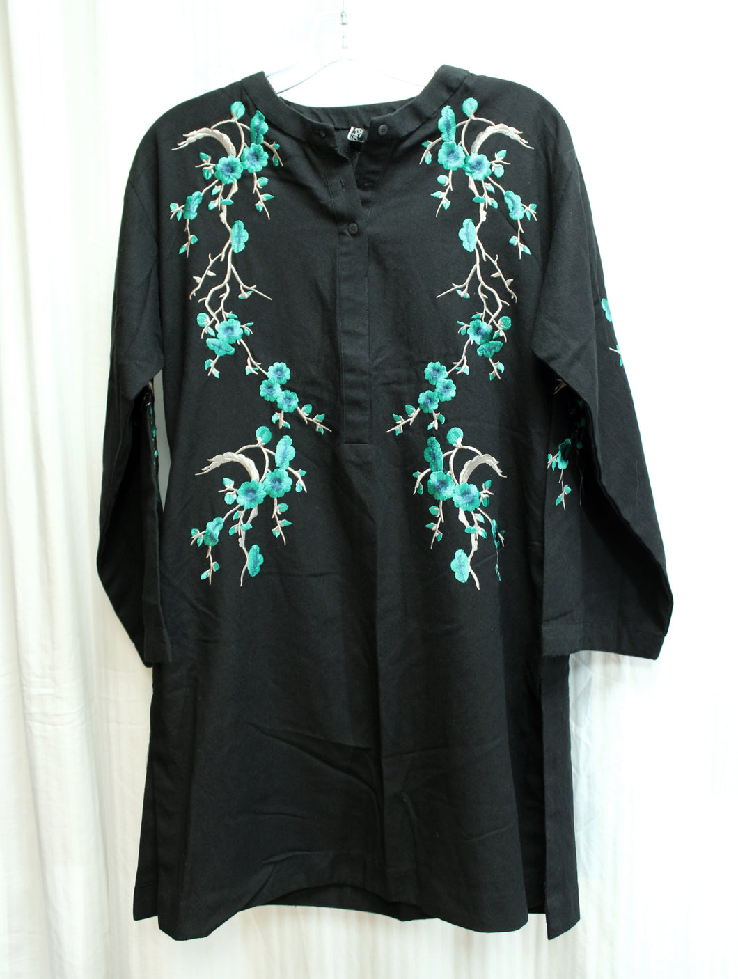 Ethnic by Outfitters - Black w/ Green & Blue Embroidered Tunic Shirt - Size XS