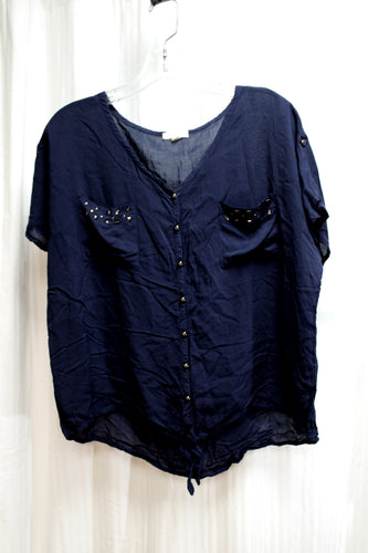 Pearl - Navy Feather Light Button & Tie Front Top w/ Stud Detailing on Pockets - Size L