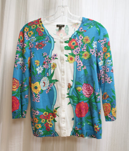 Talbots - White  & Blue Contrast Floral 3/4th Sleeve Cardigan Sweater - Size M PETITE
