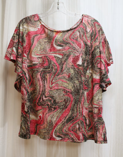 Ruby Rd. - Pinks & Earth Tones Abstract Ruffle Flutter Short Sleeve Top - Size L