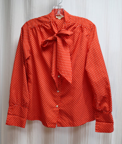 Vintage 60's - Lee Mar, Ultressa by Klopman - Red & White Polka Dot Pussy Bow Secretary Blouse - See Measurements, 14.5