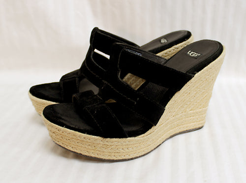 Ugg - Black Suede Espadrille Platform Wedge Strappy Slide Sandals - Size 7