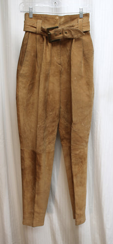 Vintage 90's - Leather by Wilson's - Fawn Tan High Waisted Suede Trousers w/ Matching Belt - Size 4 (See Measurements 25