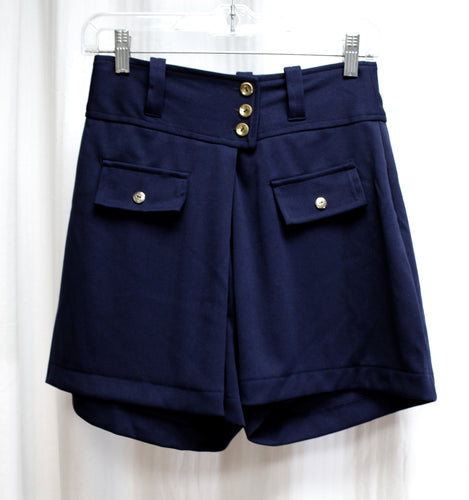 Vintage 60's/70's - Risa- Navy  High Waisted Navy w/ Gold Button Details Overlap Pleat Shorts - Size 26