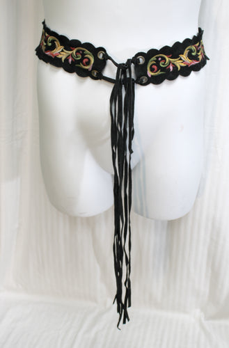 Vintage - Black Scalloped Embroidered Faux Suede Belt w/ Tassel Ties - 30