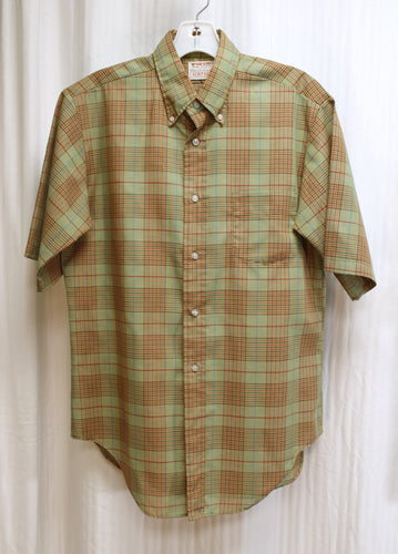 Vintage 1960's - McGregor- Scotset- Short Sleeve Green w/ Orange, Brown & Teal Plaid Button Down Shirt - Size M
