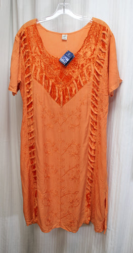 Vintage Deadstock - Ara for Sussex Willow - Orange Scoop Neck w/ Velvet Inserts Embroidered Tie Back Midi Dress - Size XL (w/ Tag)