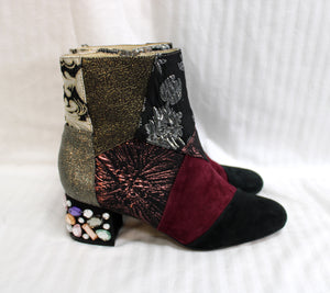 Bettye Muller - "Cyd" Patchwork Boho Boots w/ Jeweled Chunky Heels - Size 9