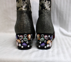 Bettye Muller - "Cyd" Patchwork Boho Boots w/ Jeweled Chunky Heels - Size 9