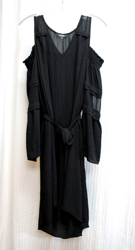 Simply Vera, Vera Wang - Black Cold Shoulder Tiered Bell Sleeve Flowy Tie Waist Midi High/Low Dress - Size L