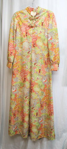 Vintage 60's/70's - Leslie Fay Knits - Long Sleeve Chinoiserie Print High Neck Maxi Dress w/ Frog Chest Closures - See Measurements 19