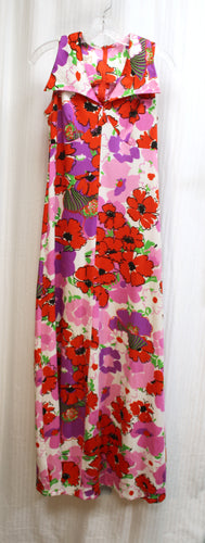 Vintage 60's - Bright Graphic Floral Maxi Dress w/ Collar - See Measurements 16