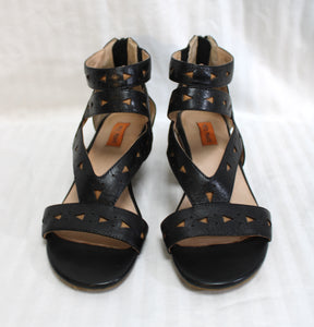 Miz Mooz - Black & Tan, Leather Caged Back Zip Sandal - Size 6