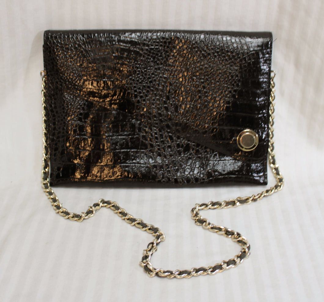 Vintage- Black Crocodile Texture Clutch w/ Gold Toned Removable Chain Strap