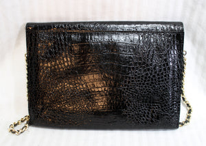 Vintage- Black Crocodile Texture Clutch w/ Gold Toned Removable Chain Strap