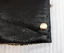 Load image into Gallery viewer, Vintage- Black Crocodile Texture Clutch w/ Gold Toned Removable Chain Strap