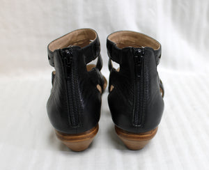 Miz Mooz - Black & Tan, Leather Caged Back Zip Sandal - Size 6