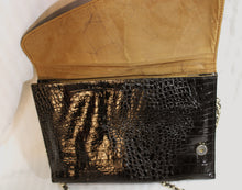 Load image into Gallery viewer, Vintage- Black Crocodile Texture Clutch w/ Gold Toned Removable Chain Strap