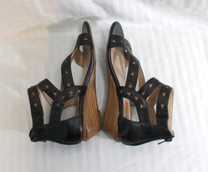 Miz Mooz - Black & Tan, Leather Caged Back Zip Sandal - Size 6