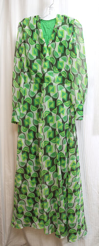 Vintage 1960's/70's - Green Geometric Print, Sheer Chiffon Over Lining Flowy Maxi Dress - See Measurements - 26