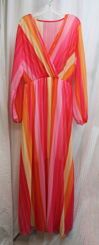 Bright Orange, Pinks & Yellow Stripe Semi Sheer Flowy Maxi Dress - Size L (Approx, See Measurements)
