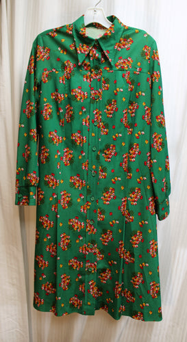 Vintage 60's/70's - Green w/ Red & Yellow Poppies Print Long Sleeve Midi Dress - Size M
