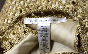 Diane Von Furstenberg - "Adie" Gold w/ Metallic Fleck Crocheted, Sleeveless Short Dress   - Size S