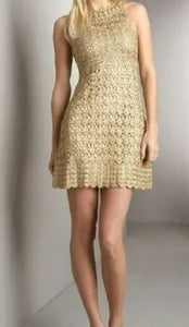 Diane Von Furstenberg - "Adie" Gold w/ Metallic Fleck Crocheted, Sleeveless Short Dress   - Size S