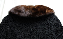 Load image into Gallery viewer, Vintage - Black Faux Astrakhan Lamb Fur Coat w/ REAL Fur Brown Collar - See Measurements 22&quot; Chest (pit to pit)