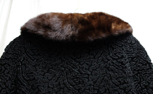 Vintage - Black Faux Astrakhan Lamb Fur Coat w/ REAL Fur Brown Collar - See Measurements 22" Chest (pit to pit)