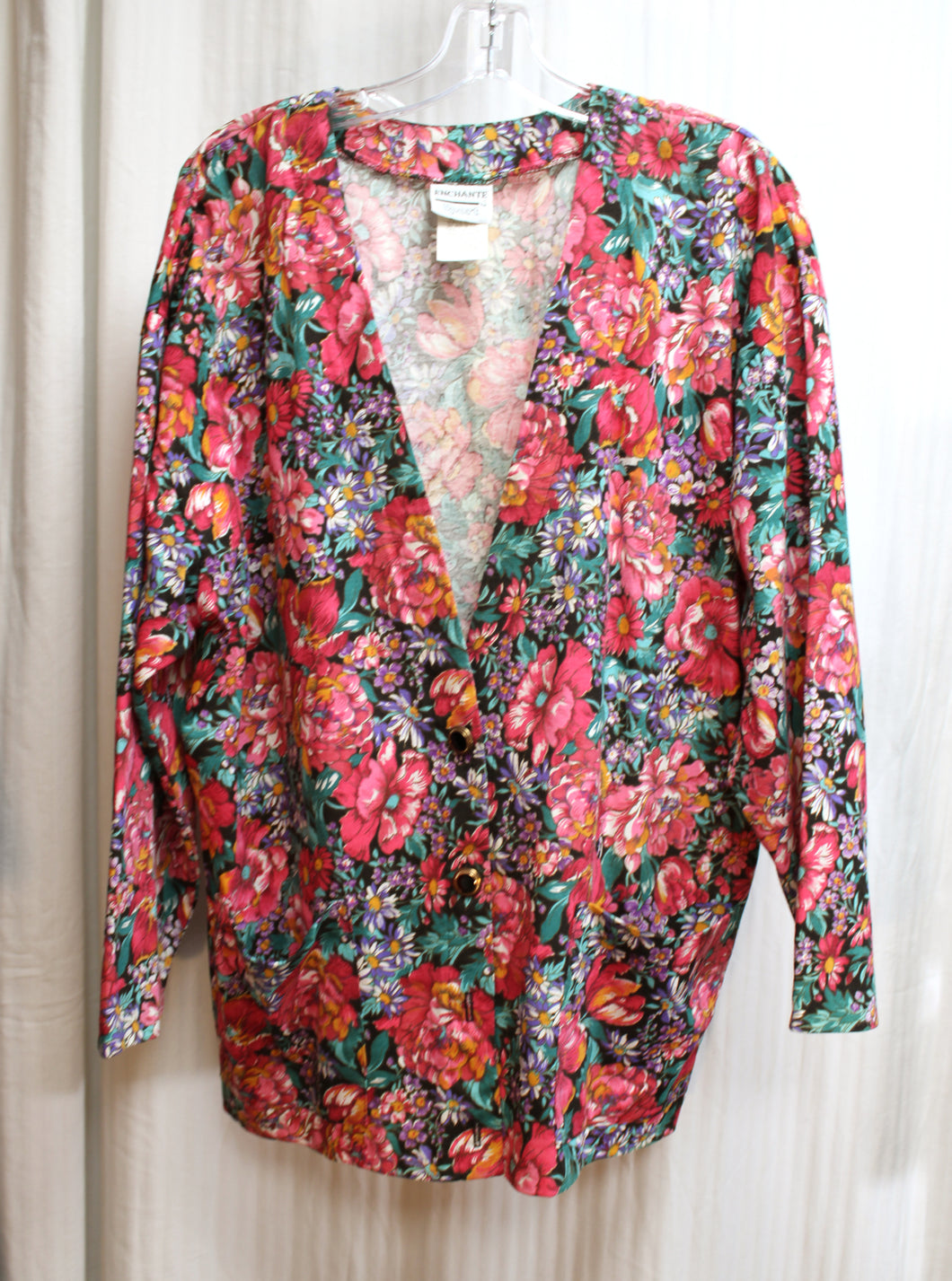Vintage- Enchante - V-Neck Floral Oversized Half Sleeve, Smock Cardigan - Size M