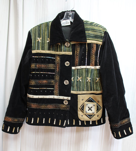 Yak Magic - Bohemian Black Velvet & Multitexture Earth Tone Textile Embellished Jacket - Size M