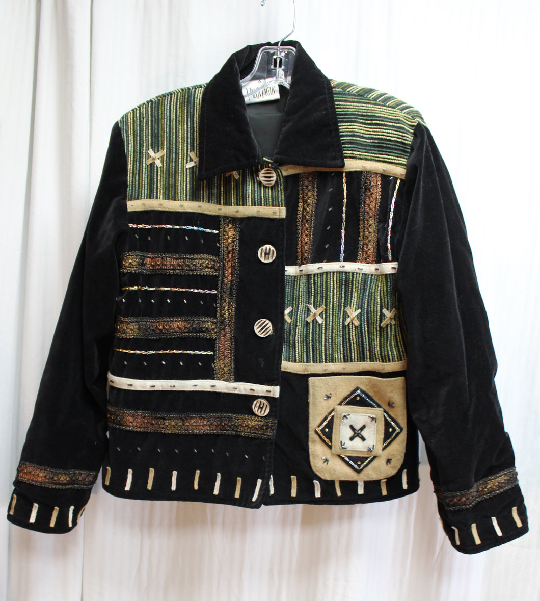 Yak Magic - Bohemian Black Velvet & Multitexture Earth Tone Textile Embellished Jacket - Size M