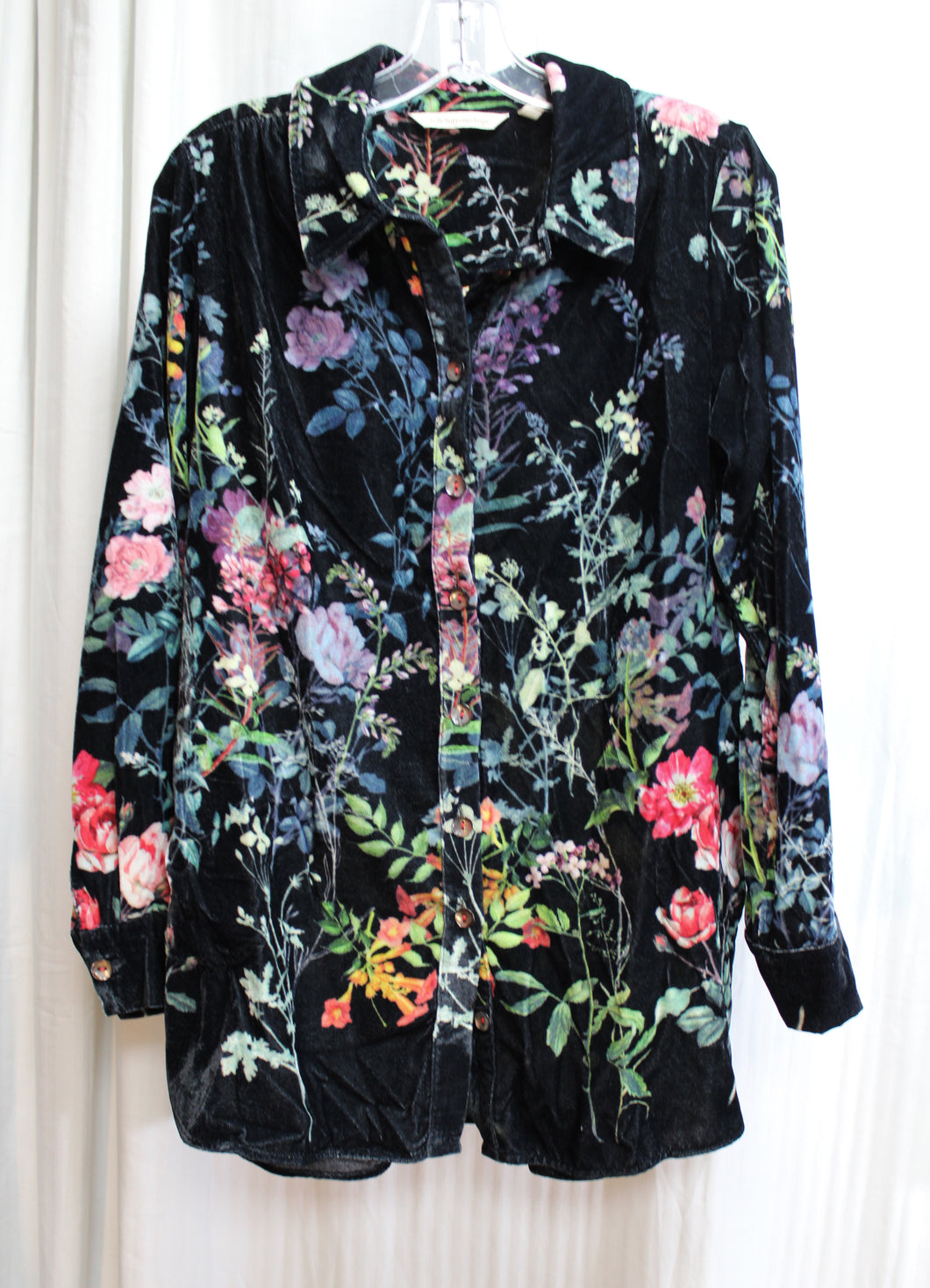 Soft Surroundings - Black Velvet Floral Tunic Shirt w/ Side Pockets & Shell Buttons - Size M