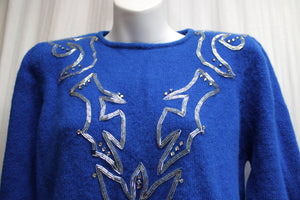 Vintage - Hand Beaded w/ Silver Beads, Blue Wool  Pullover Sweater  Size S/M (Approx_See Notes)