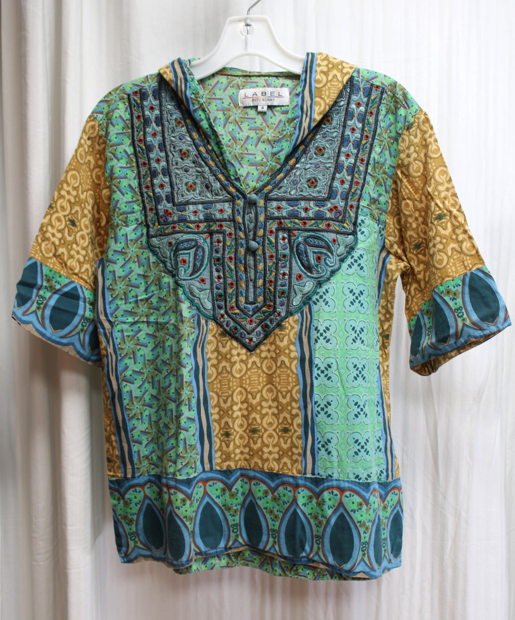 Label Ritu Kumar - Lightweight, Hooded 1/2 Sleeve Embroidered Bohemian Print Tunic Top - Size 4