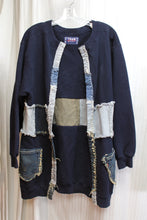 Load image into Gallery viewer, Art to Wear - Navy Fleece &amp; Denim Patchwork Cardigan (Jacket DIY) - Size L (approx.)