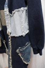 Load image into Gallery viewer, Art to Wear - Navy Fleece &amp; Denim Patchwork Cardigan (Jacket DIY) - Size L (approx.)