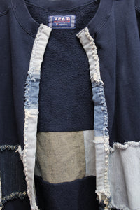 Art to Wear - Navy Fleece & Denim Patchwork Cardigan (Jacket DIY) - Size L (approx.)