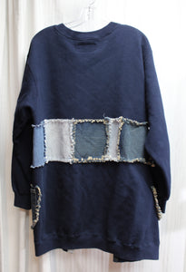 Art to Wear - Navy Fleece & Denim Patchwork Cardigan (Jacket DIY) - Size L (approx.)