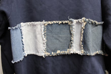 Load image into Gallery viewer, Art to Wear - Navy Fleece &amp; Denim Patchwork Cardigan (Jacket DIY) - Size L (approx.)