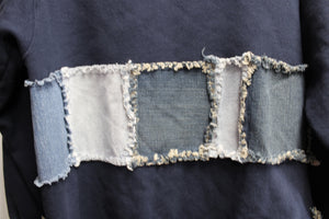 Art to Wear - Navy Fleece & Denim Patchwork Cardigan (Jacket DIY) - Size L (approx.)