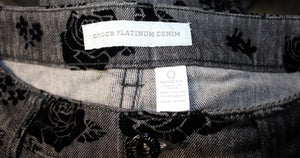 Chico's Platinum Denim - Black Velvet Flocked Rose Jeans - Size 0 (Size S - See Measurements)