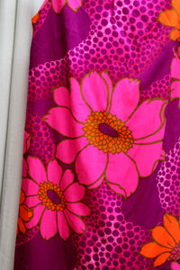 Vintage 1960's - McInerny's Honolulu-  2 PC Barkcloth Bright Floral , Sleeveless Tunic Split Sides Maxi Dress & matching Pants - Size 10 (Vintage, See Measurements 24" Unstretched Waist/Pants)