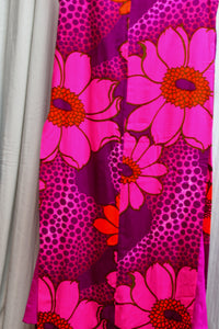 Vintage 1960's - McInerny's Honolulu-  2 PC Barkcloth Bright Floral , Sleeveless Tunic Split Sides Maxi Dress & matching Pants - Size 10 (Vintage, See Measurements 24" Unstretched Waist/Pants)